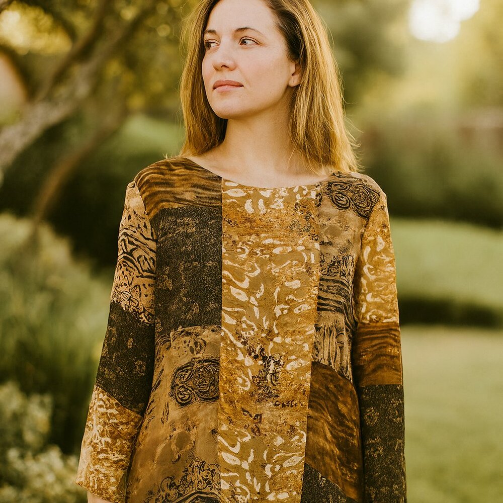 Women’s Patchwork Print Blouse Long Sleeve Boho Artsy Top Multicolor Beaded